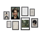Black custom collage photo frame set with abstract and portrait art in varying sizes. - 8 Pcs Aesthetic Abstract Photo Frame set for Wall 12" x 16" (2 piece) , 8" x 12" (4 pieces) and 6" x 8" (2 pieces) - Black - Frame World