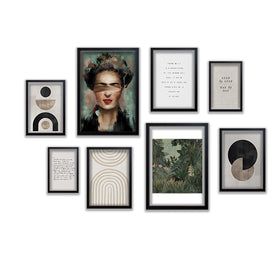 Black custom collage photo frame set with abstract and portrait art in varying sizes. - 8 Pcs Aesthetic Abstract Photo Frame set for Wall 12" x 16" (2 piece) , 8" x 12" (4 pieces) and 6" x 8" (2 pieces) - Black - Frame World