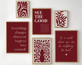 6 Pack Burgundy Red Girls Gallery Wall Large Abstract Self Love Print Burgundy Frame set ( 12x18" 2 pc, 10x14" 2 pc, 8x10" 2 pc)