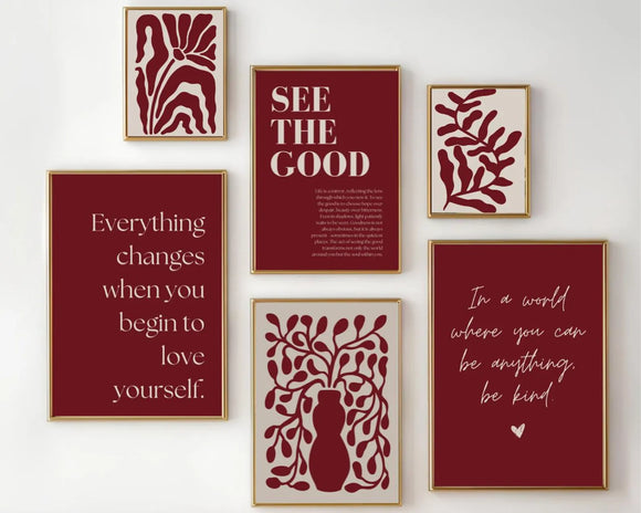 6 Pack Burgundy Red Girls Gallery Wall Large Abstract Self Love Print Burgundy Frame set ( 12x18" 2 pc, 10x14" 2 pc, 8x10" pc)
