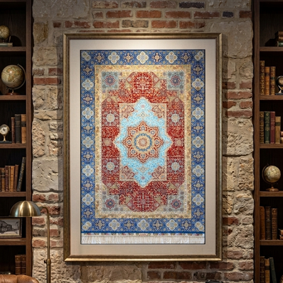 A large framed oriental rug with a red, blue, and beige pattern hangs on a rustic brick wall in a study with bookshelves and a desk.