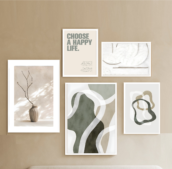 Pack of 5 Home Wall Art Abstract Plant Green Modern Frame set