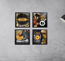 Set of 4 black kitchen wall frames arranged in a custom collage with culinary-themed prints. - Pack of 4 Kitchen Wall Frames, Dining Room Frame - 6x6" / Black - Frame World