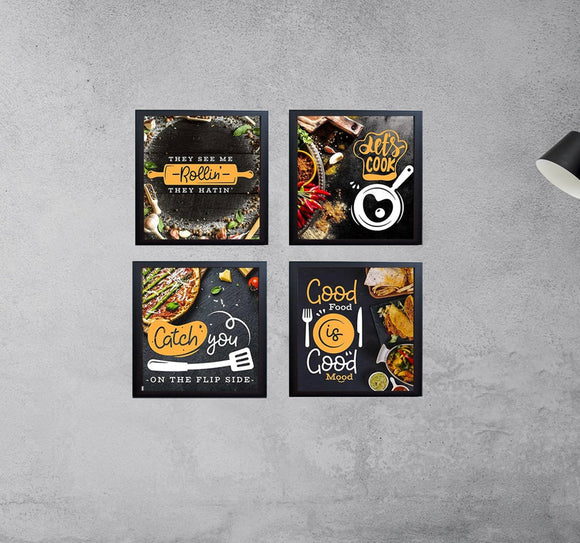 Set of 4 black kitchen wall frames arranged in a custom collage with culinary-themed prints. - Pack of 4 Kitchen Wall Frames, Dining Room Frame - 6x6" / Black - Frame World