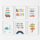 Set of six children's posters with colorful car illustrations and text on a white background