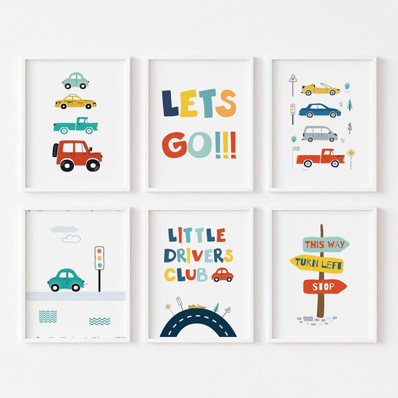 Set of six children's posters with colorful car illustrations and text on a white background