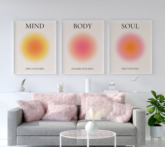 Mind Body Soul print Aura Frame Set of 3 Zen Wall art Spiritual Abstract set