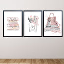 Set of three custom collage frames with glossy prints featuring makeup brushes, Paris bag, and "Hello Gorgeous" quote in. - Makeup Quotes Wall Frame Set – 3-Piece Glossy Print Decor - Black / 8x12" / a4 - Frame World