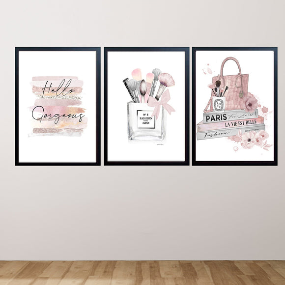 Set of three custom collage frames with glossy prints featuring makeup brushes, Paris bag, and "Hello Gorgeous" quote in. - Makeup Quotes Wall Frame Set – 3-Piece Glossy Print Decor - Black / 8x12" / a4 - Frame World