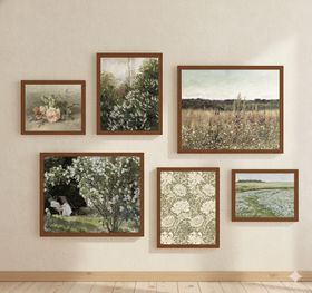 Set of six framed artworks on a wall, featuring nature-themed paintings.