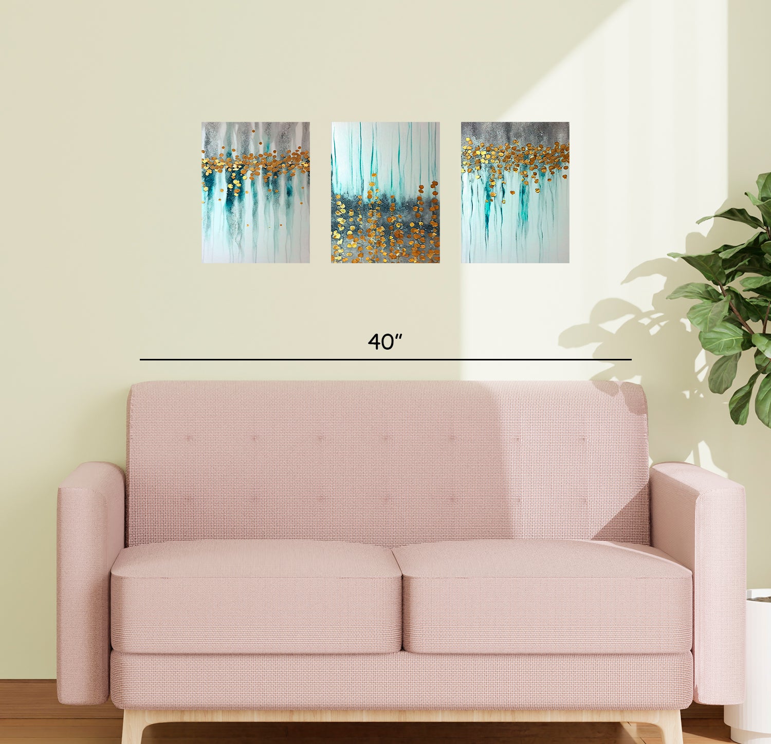 Stunning Gold Leaf and Blue Splashes on Canvas 3 pcs Traditional Art