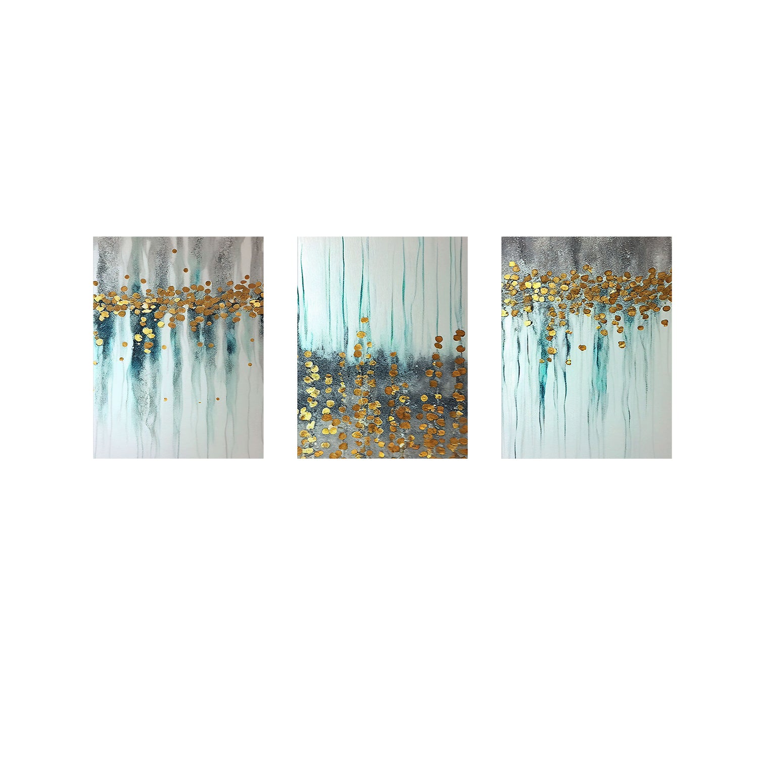 Stunning Gold Leaf and Blue Splashes on Canvas 3 pcs Traditional Art