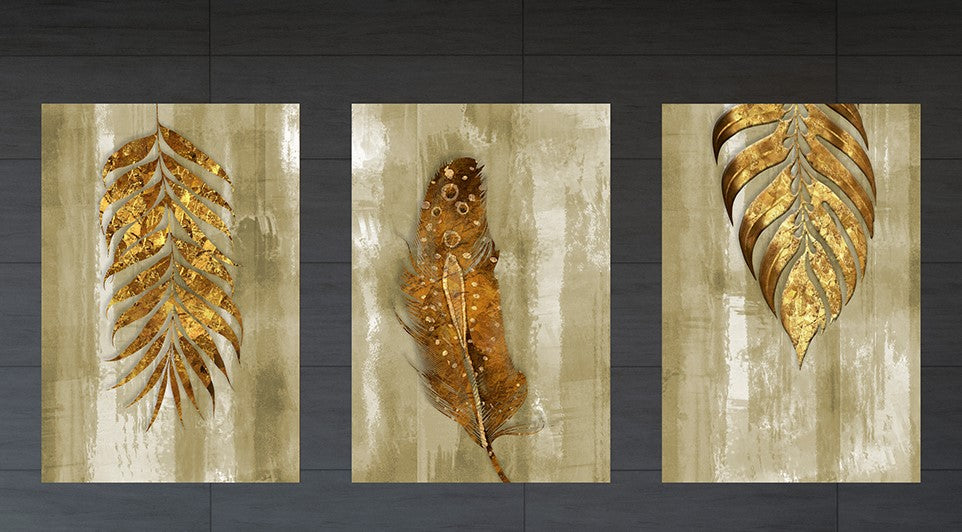 Set of 3 Abstract Frames Leaf Design on Canvas