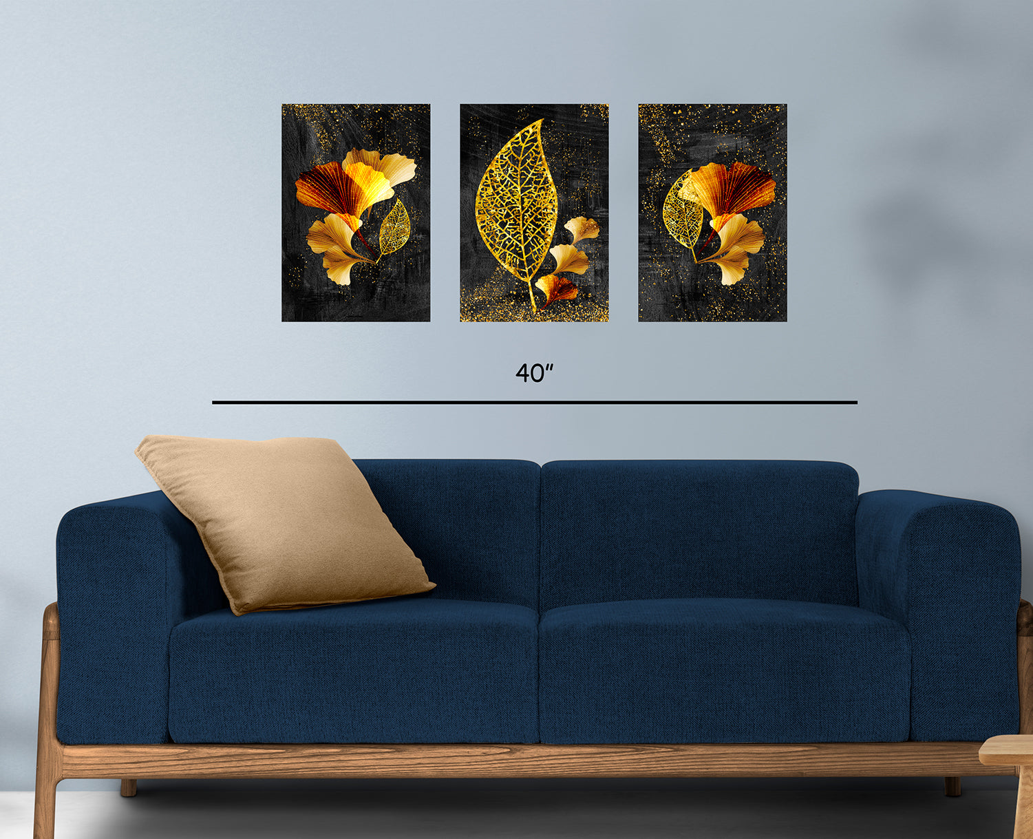 Stunning Gold Leaf and Flower on Canvas 3 pcs Abstract Frames