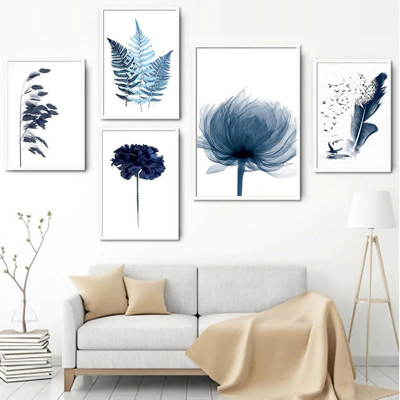 5-piece custom black and white frames collage with botanical abstract art designs. - 5 Pcs Abstract Wall Art Frame set [ 12" x 16" (1 piece) , 10" x 12" (4 pieces)] - Black - Frame World