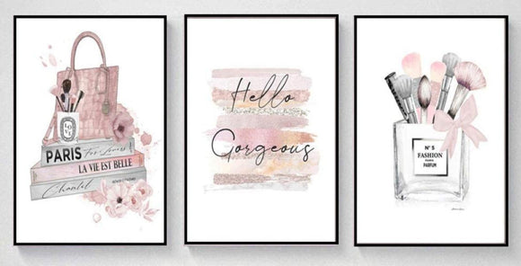 Three-piece custom collage wall frame set with black borders featuring makeup-themed quotes and illustrations on glossy. - Makeup Quotes Wall Frame Set – 3-Piece Glossy Print Decor - Black / 8x12" / a4 - Frame World