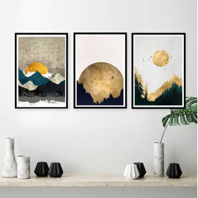 Set of 3 black framed abstract art prints featuring textured gold and navy shapes in a custom collage style. - Set of 3 Abstract Art Frame set - 8x12" / Black / 1 - Frame World