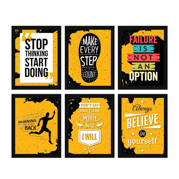 Six black motivational quote frames collage with bold yellow and white backgrounds and custom typography designs. - 6 Pcs Office Motivational Quotes Frames - 8x12" / Black - Frame World