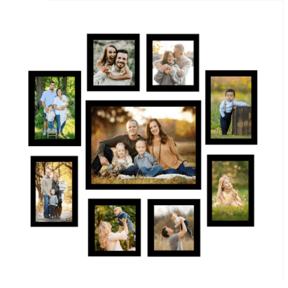 Set of 9 black collage photo frames in various sizes arranged on a white wall with custom family photos. - Set of 9 Collage Photo Frames for Living Room Study Room 1 Units of 8 X 10, 4 Units of 5 X 5,2 Unit of 5 X 7, 2 Units of 4 X 6) Inches - Black - Frame World