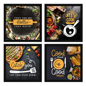 Set of four 6x6" black kitchen wall frames with custom food-themed collage and quotes. - Pack of 4 Kitchen Wall Frames, Dining Room Frame - 6x6" / Black - Frame World
