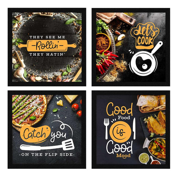 Set of four 6x6" black kitchen wall frames with custom food-themed collage and quotes. - Pack of 4 Kitchen Wall Frames, Dining Room Frame - 6x6" / Black - Frame World