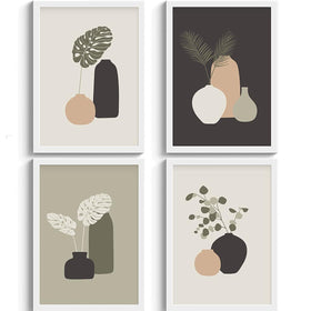 Set of 4 custom white frames with abstract botanical collage prints in neutral tones. - Set of 4 Abstract Photo Frames - 8x12" / Black - Frame World
