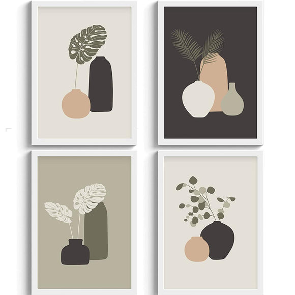 Set of 4 custom white frames with abstract botanical collage prints in neutral tones. - Set of 4 Abstract Photo Frames - 8x12" / Black - Frame World