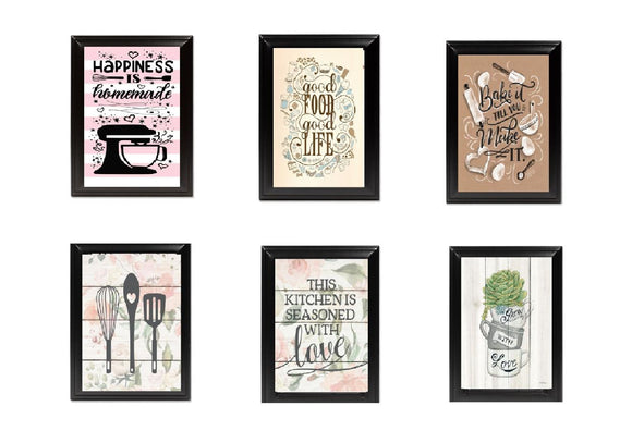 Six black frames collage featuring kitchen quotes and utensil illustrations with a custom decorative style. - 6 PCS Kitchen Quotes Photo Wall Decoration Frames - 4x6" / Black - Frame World