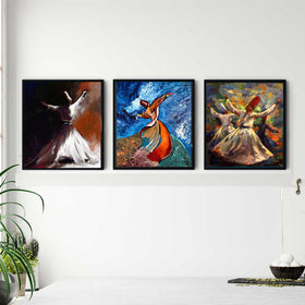 Three black framed Sufi dancer art prints in a custom collage with vibrant colors and dynamic poses. - Sufi Islamic Photo Frame Set – 3-Piece Glass Front Wall Art Collection - Black / 8x10" - Frame World
