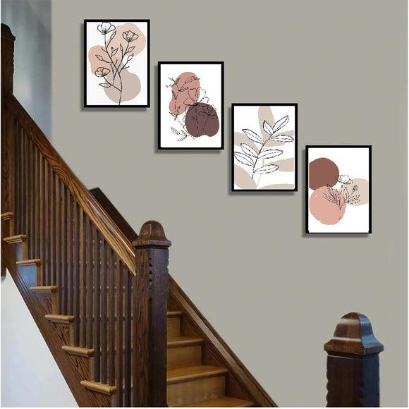 Set of 4 black frames with custom abstract collage art in neutral tones on a staircase wall. - Set of 4 Abstract Wall Decoration Photo Frames - 6x8" / Black - Frame World