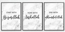 Set of 3 black frames collage with custom calligraphy text "Bismillah," "Inshallah," and "Alhamdulillah" on white marble. - Set of 3 Islamic Bismillah, Alhamdulillah Wall Frames - Black / 8x12" - Frame World
