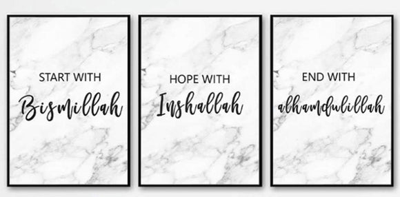 Set of 3 black frames collage with custom calligraphy text "Bismillah," "Inshallah," and "Alhamdulillah" on white marble. - Set of 3 Islamic Bismillah, Alhamdulillah Wall Frames - Black / 8x12" - Frame World