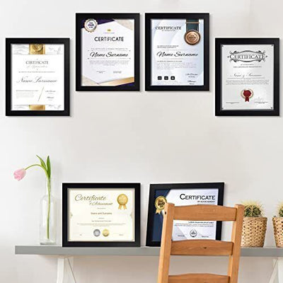 Black custom diploma collage frames displaying various certificates arranged on a white wall and gray shelf. - Diploma/ Certificate Frames A4 Size - Black / Pack of 2 - Frame World