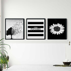Set of three black abstract photo frames with custom collage art featuring tree, stripes, and daisy designs. - Abstract Photo Frame 3 PCS Aesthetic Picture Frames - Black / 8x10" - Frame World