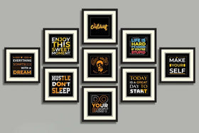 Nine black collage frames with motivational quotes in gold and white typography on black backgrounds, custom wall decor. - 9 Pack Picture Frames, Motivational Quote - 8x8" / Black - Frame World