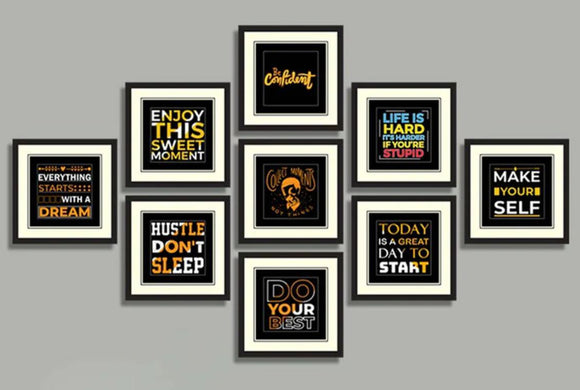 Nine black collage frames with motivational quotes in gold and white typography on black backgrounds, custom wall decor. - 9 Pack Picture Frames, Motivational Quote - 8x8" / Black - Frame World