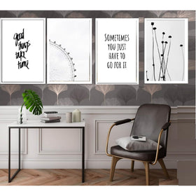 Set of four black abstract aesthetic frames arranged as a custom collage on wall above modern chair and table. - Set of 4 Abstract Aesthetic Picture Frames - 8x12" / Black - Frame World