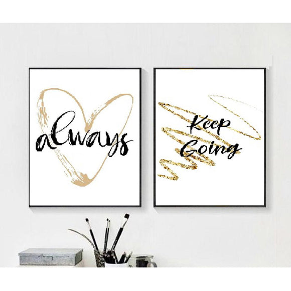 Black-framed motivational quote collage with "always" and "Keep Going" text and abstract gold accents. - 2 PCS Motivational Quote Picture Frame, Abstract Frames - Black / 8x12" / 1 - abstract frames, art, frame world, home decor, inspiration, motivational frames, office decor, quote frames, wall decor - Frame World