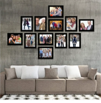 Set of 12 black modern collage frames 6x8" arranged above gray sofa with custom photos. - Set of 12 6x8" Modern Collage Picture Frame for Living Room - Black - Frame World